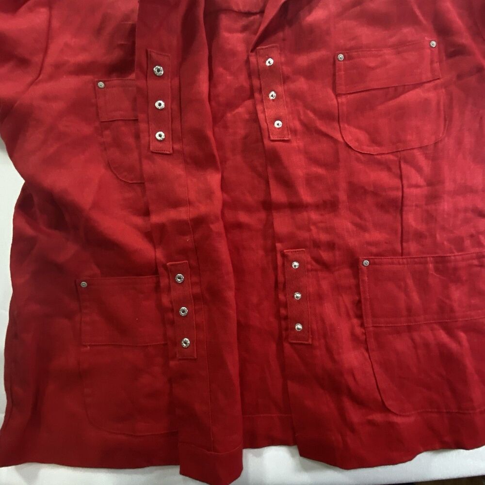 VTG Chadwicks Red Linen Jacket 12P Petite Studded Snap Front Pockets - Picture 6 of 10